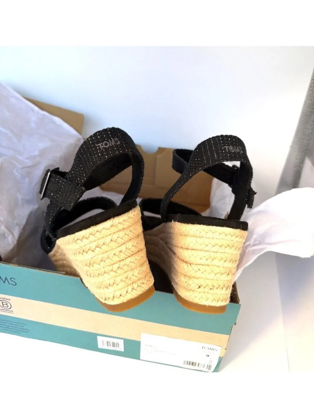 Toms Audrey Espadrilles Ankle Strap Black Metallic Wedges Women Size 9